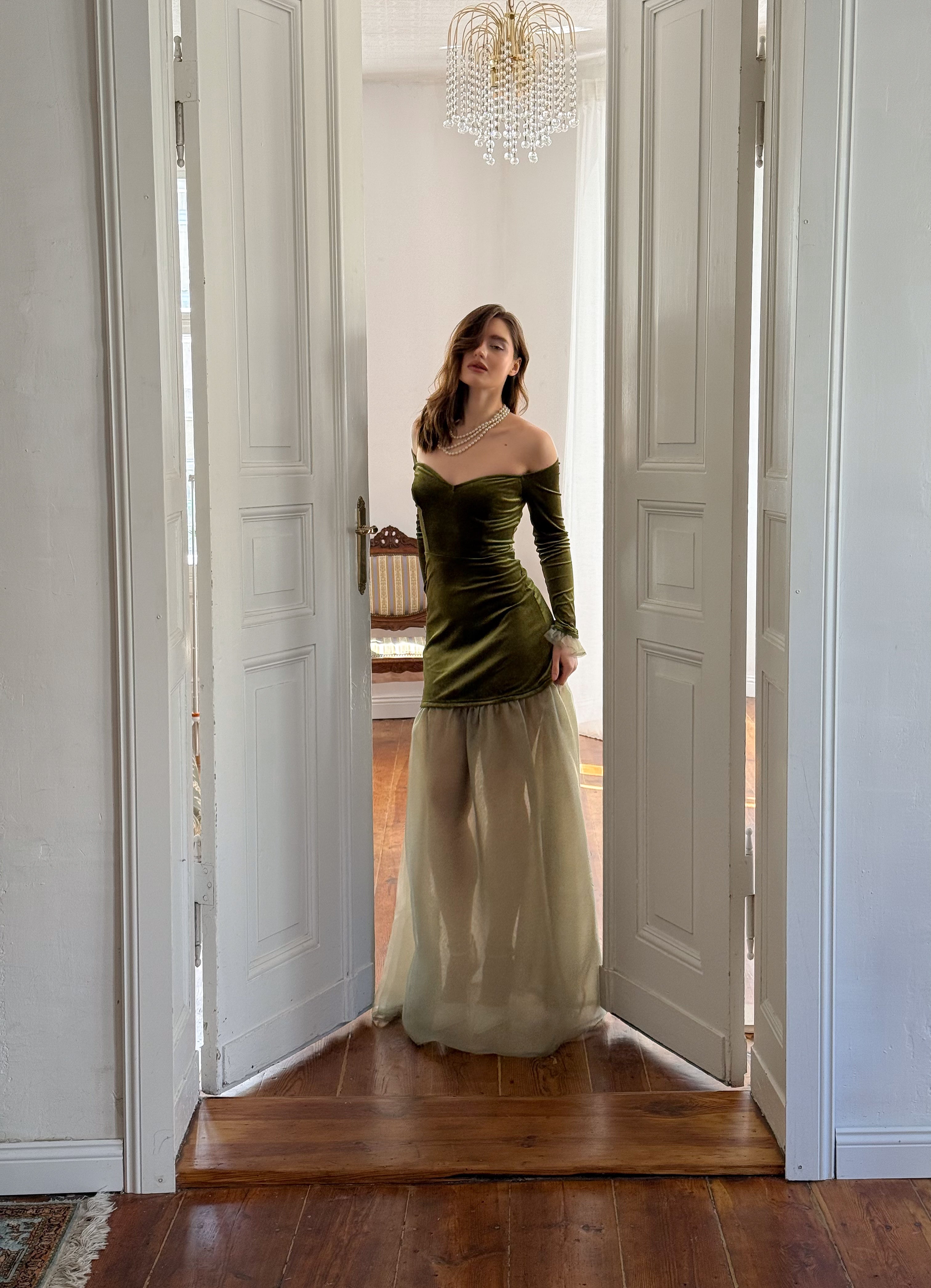 Velvet Off-Shoulder Maxi Dress – Olive Green