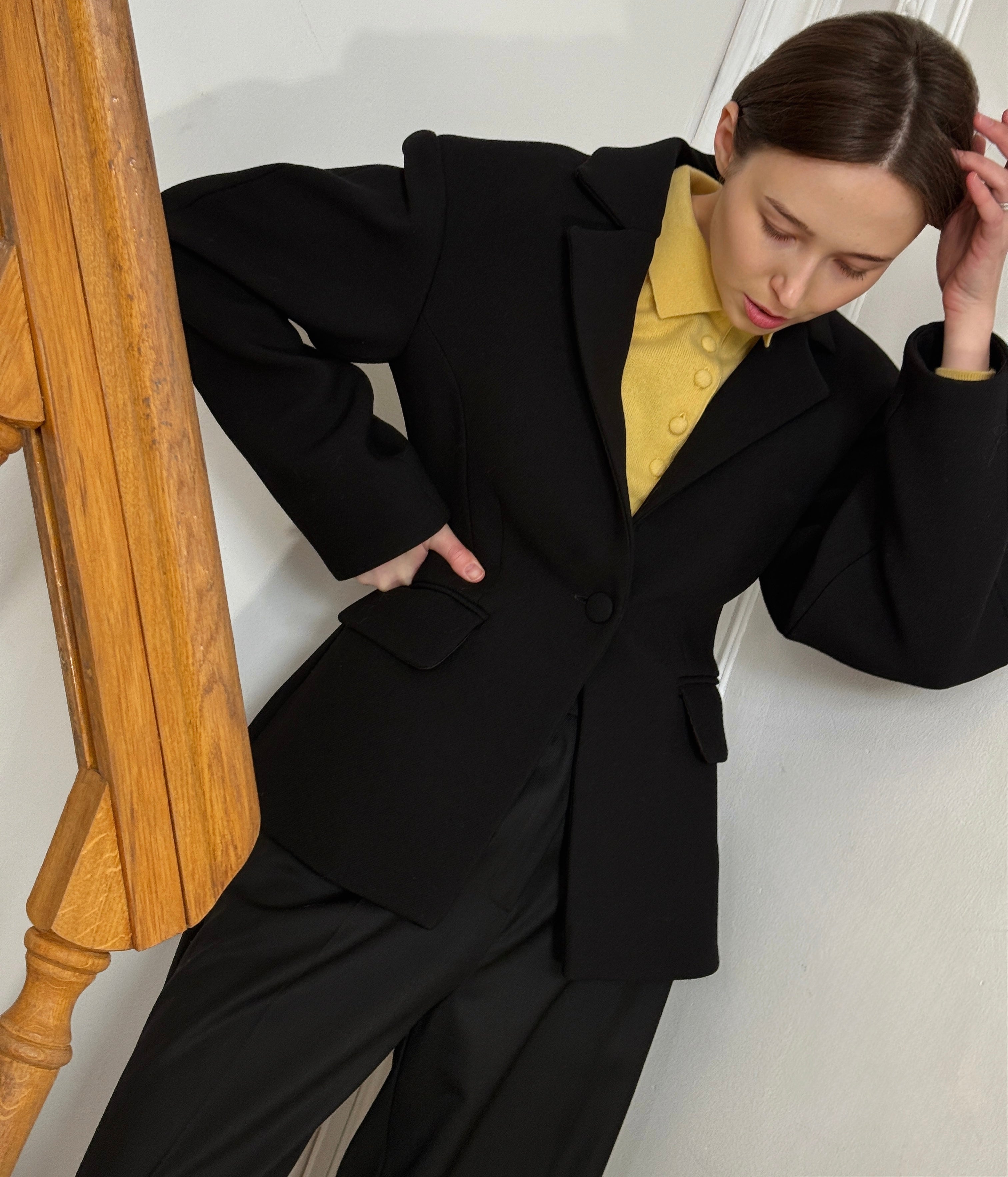 Structured Pure Wool Blazer with Statement Sleeves Black