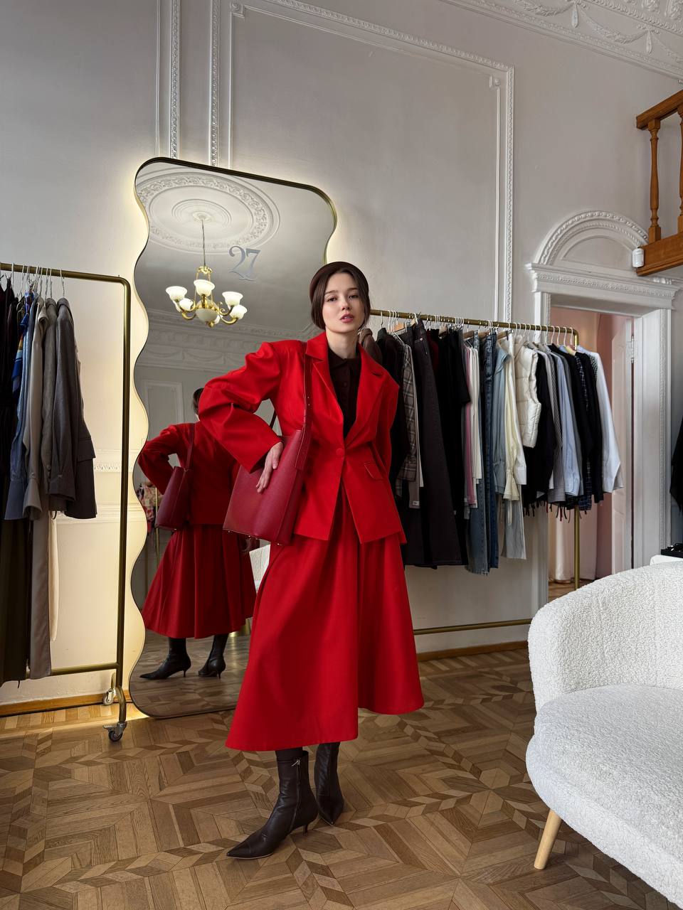 RED PURE WOOL PLEATED SKIRT