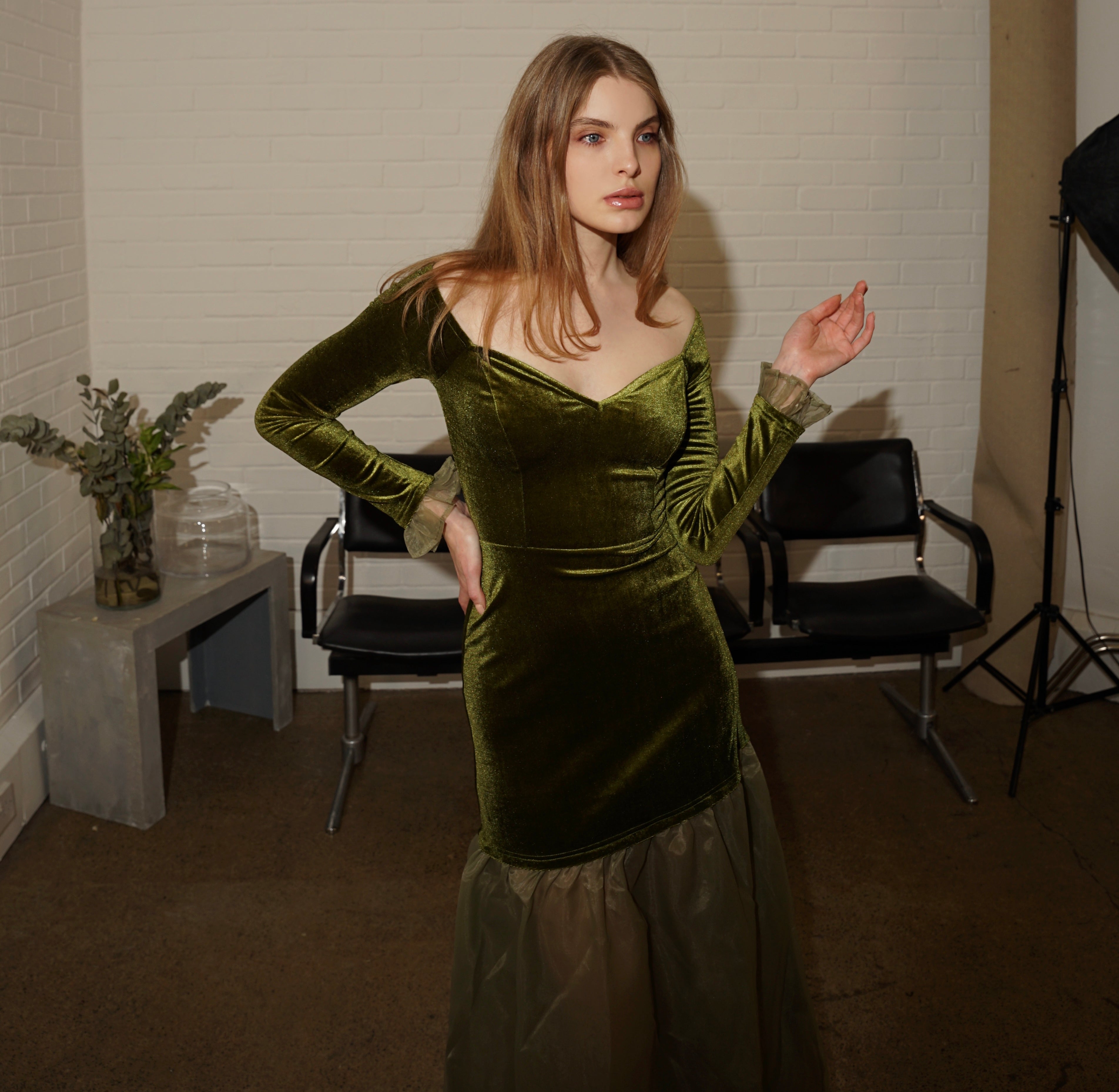 Velvet Off-Shoulder Maxi Dress – Olive Green